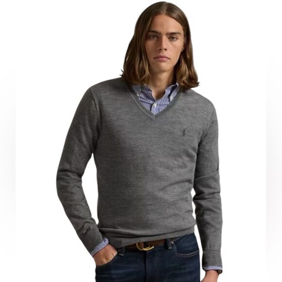 Polo Ralph Lauren Mens Gray V-Neck Fine 100% Pima Cotton Pony Sweater XXL Preppy - Picture 1 of 12